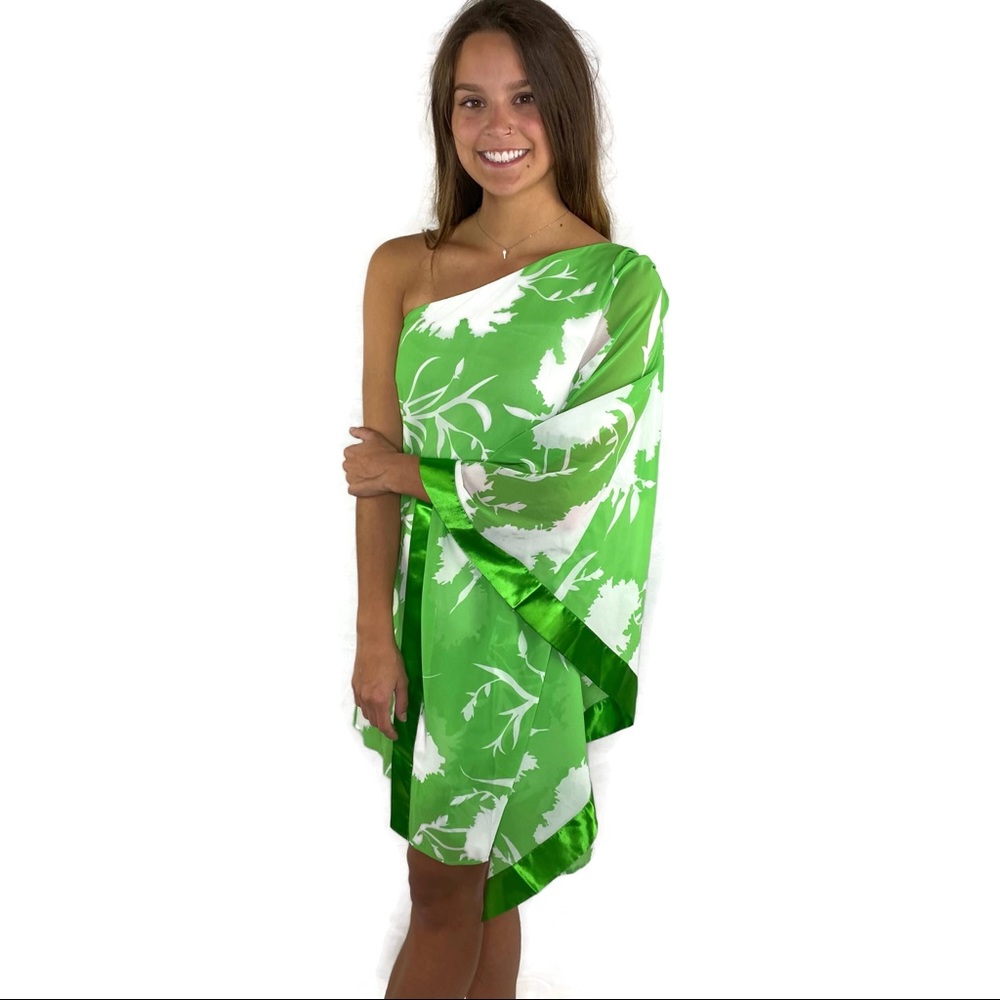 Venus One Shoulder Green & White Mini Dress with Built in Slip and Trimmed Cape.